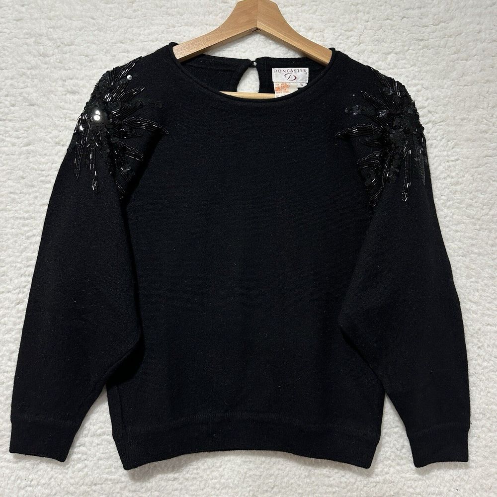 DONCASTER VTG Women's Black Wool Blend with Sequence & Beads Blouse Sweater Sz S